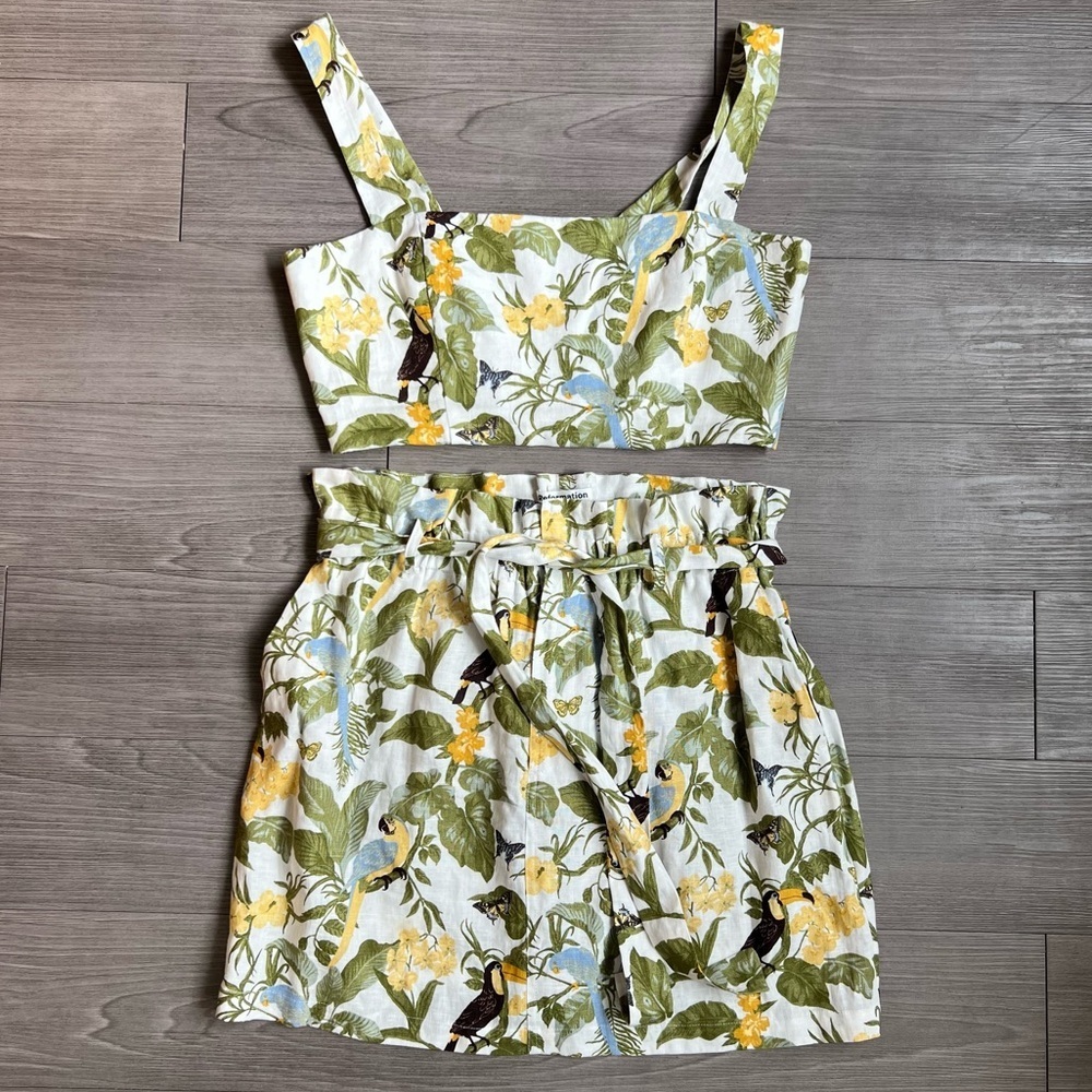 Reformation Olsen Linen Two Piece Set in Tropics Tank Top & Skirt Size 12 - Picture 2 of 8